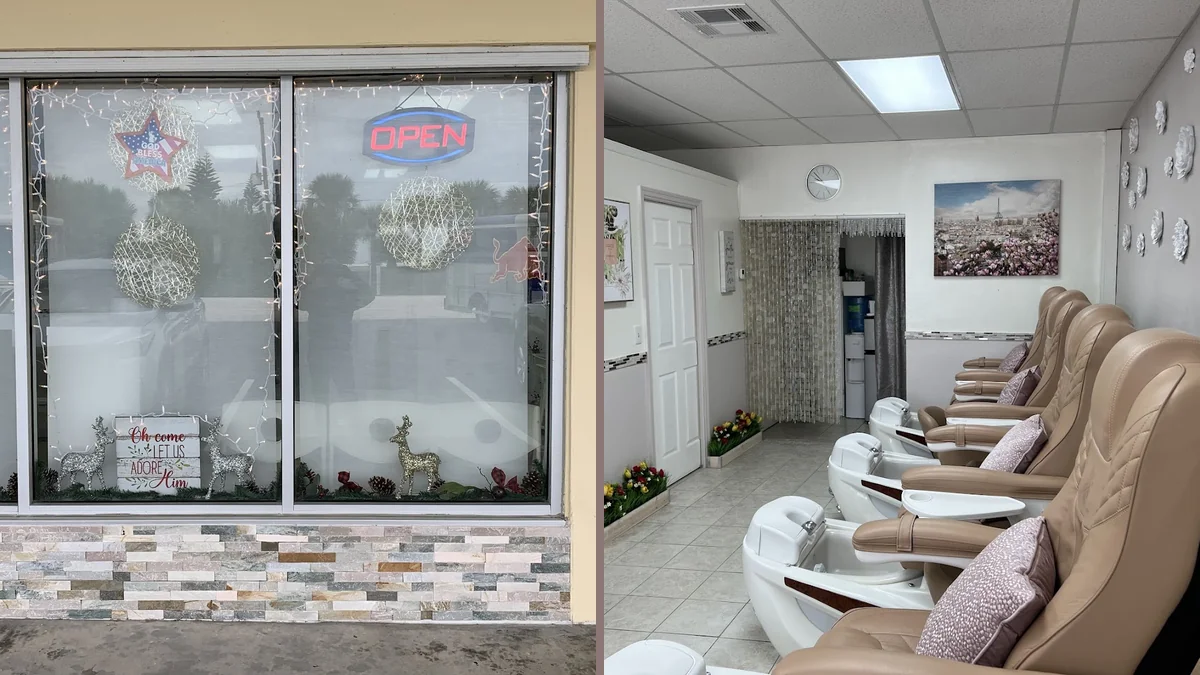 Polished nail service area with bright lighting.