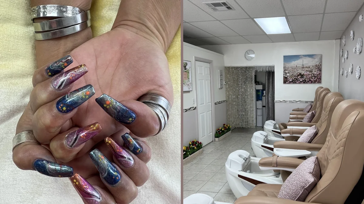 Clean nail salon interior with manicure stations.