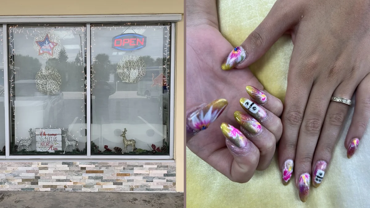 Clean nail salon interior with manicure stations.